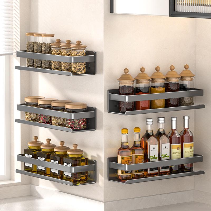 kitchen shelf household punch-free seasoning rack wall-mounted storage rack bathroom shelf wall-mounted stainless steel