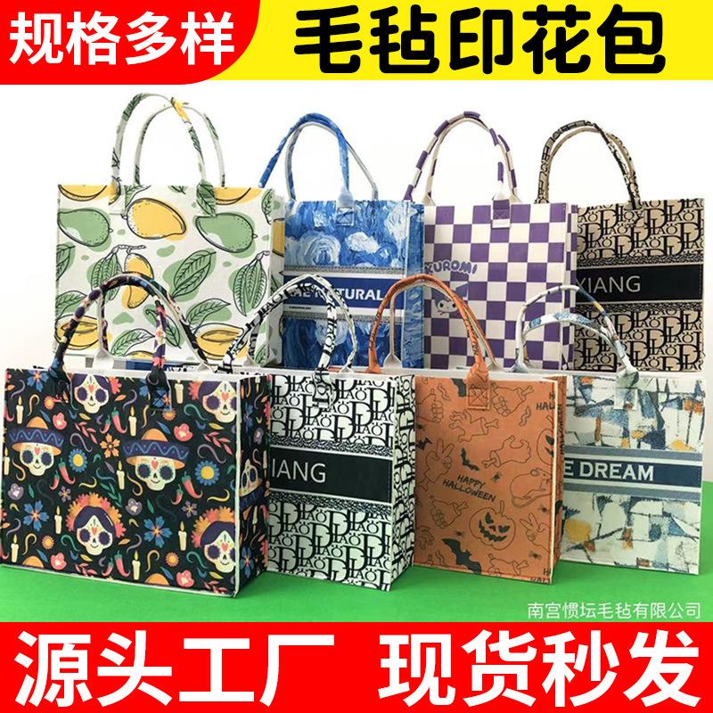 vintage printed felt bag full of stamp-pad ink painting style felt tote bag felt handbag fashion ladies gift