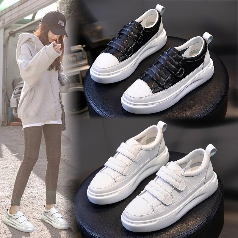 white shoes women's autumn 2024 new ladies loafers thick-soled leather women's shoes velcro casual flat shoes pumps