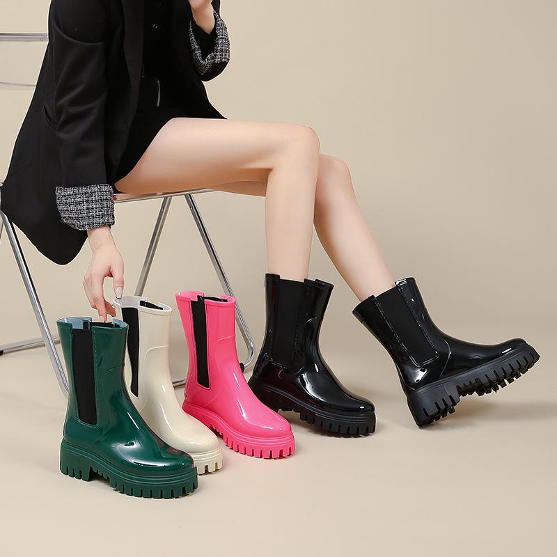 heli shark new women's thick-soled rain boots mid-calf high-top four seasons rain boots color matching rubber boots women's fashion ladies rain shoes