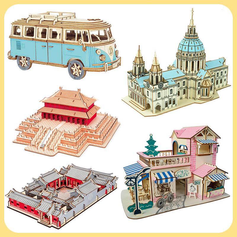 factory wholesale wooden 3d 3d puzzle model handmade architecture camping car model toy gift decoration stall supply