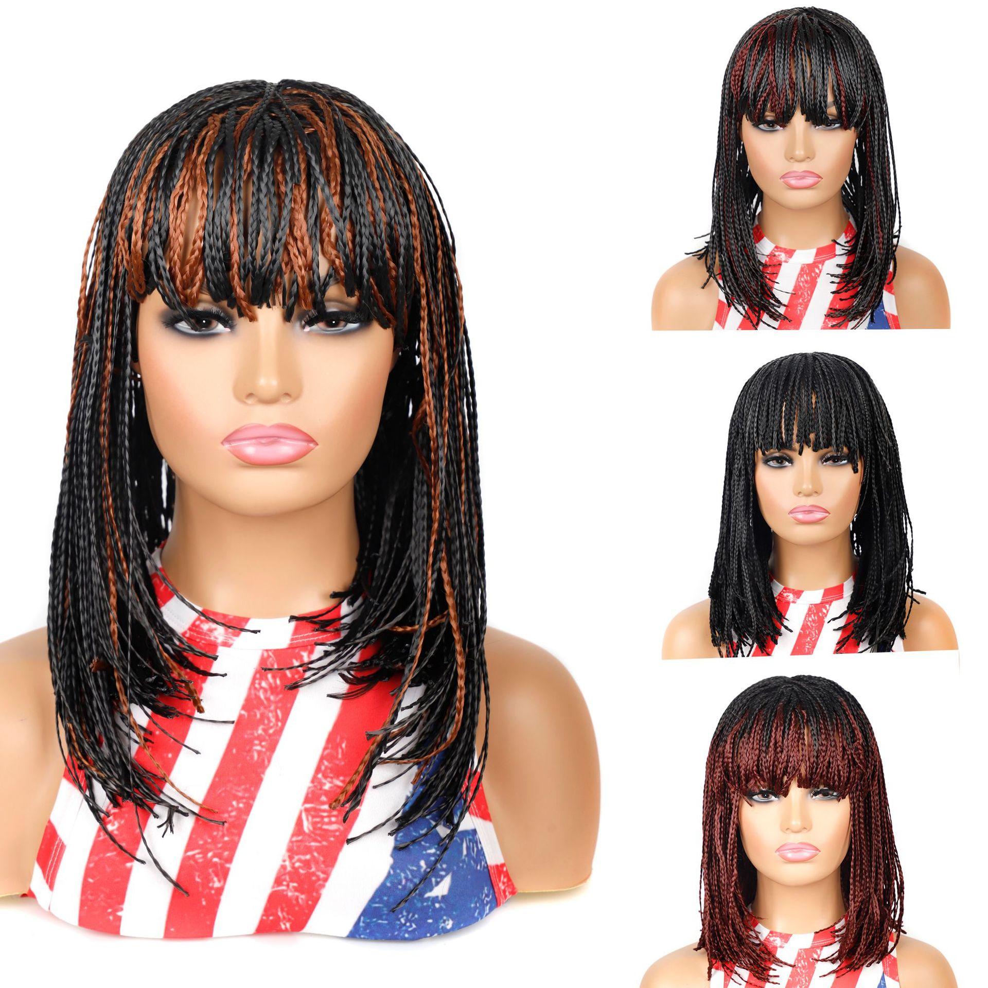 cross-border african short hair cap braid straight bangs wave head short hair cap chemical fiber small braid wig cap