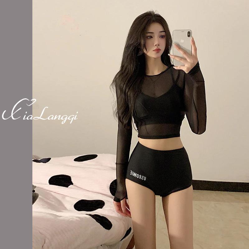 2024 new swimwear women's three-piece set split sexy covering belly thin fairy style ins long sleeve sunscreen swimwear
