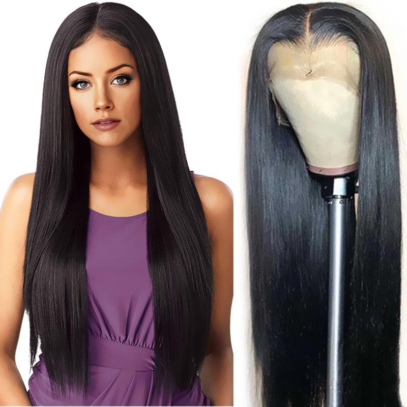 amazon african wig women's hand-woven front lace black mid-length straight hair foreign trade wigs chemical fiber full top headgear