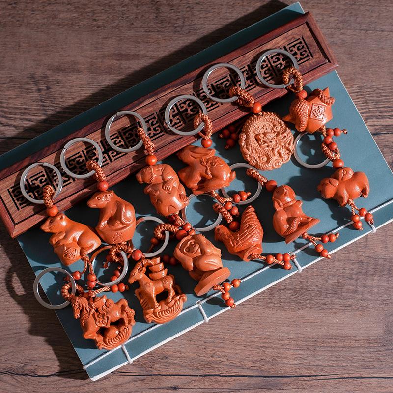 Wenxuan Pavilion Manufacturer Tee-Dimensional Twee Zodiac Keychain Accessories Peachwood Zodiac Peach Wood Crafts