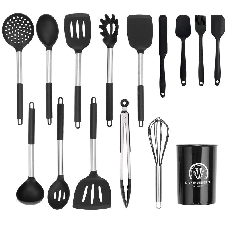 Silicone Kitchenware 15-Piece Black Stainless Steel Tube Handle Silicone Kitchenware Set Cooking Pot Ladel Kitchen Utensils