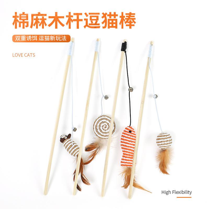 cat teaser toy burlap mouse feather bell cat teaser toy handheld interactive wooden pole pet toy wholesale