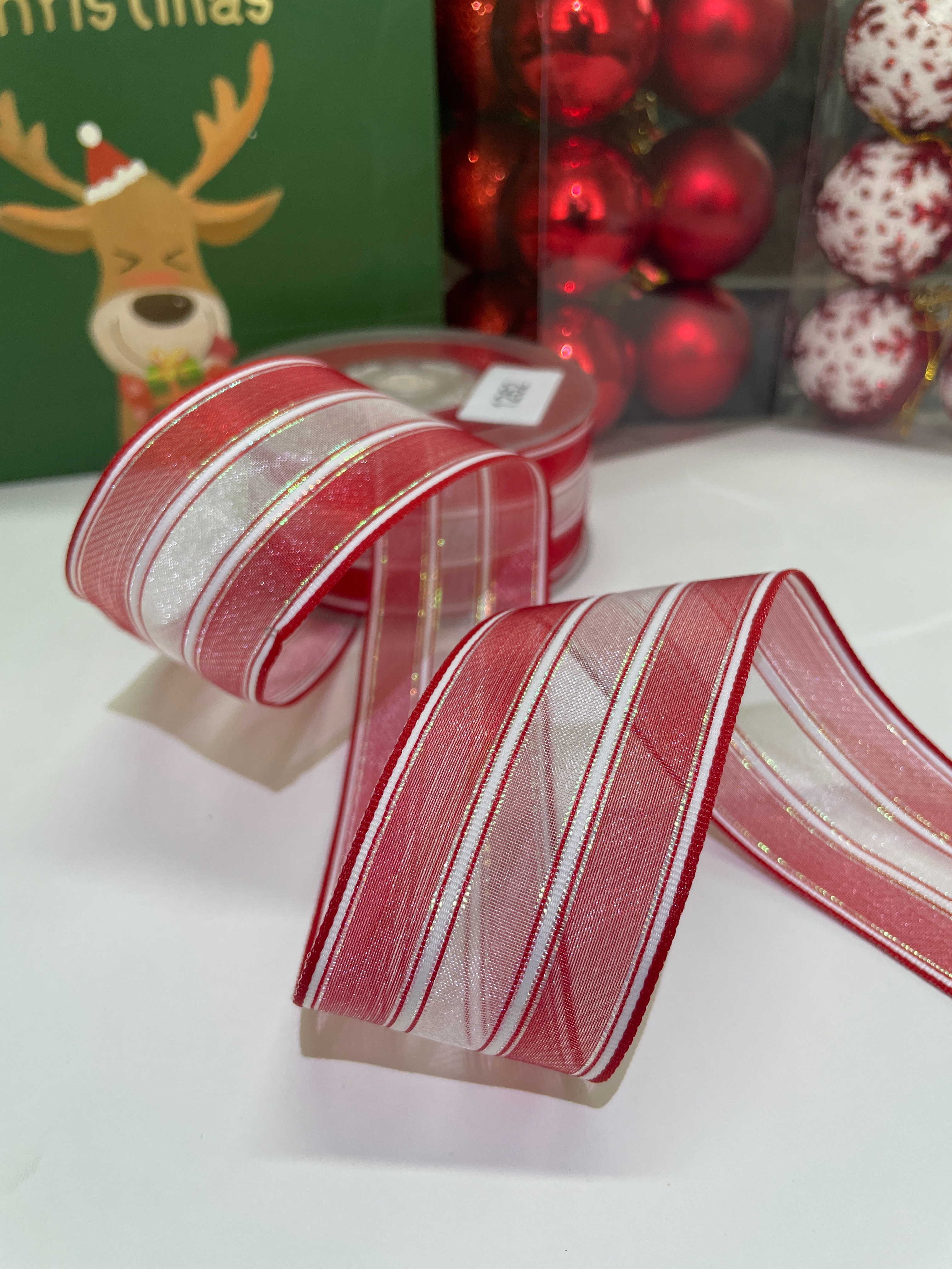 Item No. 1262 Christmas Gift Packaging Decoration DIY Red and White Striped Multicolored Christmas Webbing 3.8cm