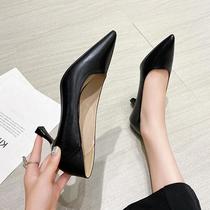 small size black professional pointed high heels ladies stiletto heel low-cut soft leather oversized shoes work shoes women's large size