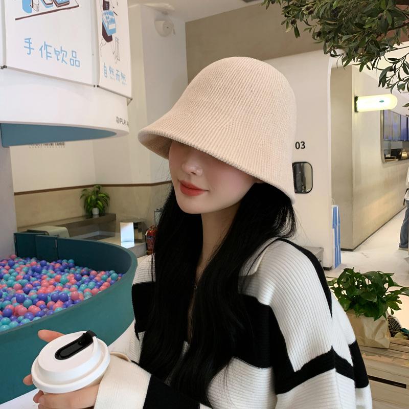 yhi knitted fisherman hat women's autumn and winter face without makeup gadget bucket hat pure color all-matching japanese style face covering bell-shaped busket hat