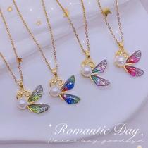 cross-border hot epoxy butterfly titanium steel necklace female fashion magic color all-match jewelry pearl popular clavicle chain female