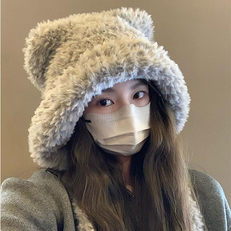 hat female autumn and winter cute fluffy bear ears warm ear protection big head circumference ushanka face slimming ushanka