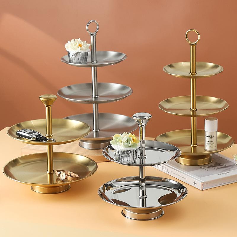 cross-border stainless steel string plate two-layer fruit tray front desk candy plate living room hotel snack plate tea cake plate