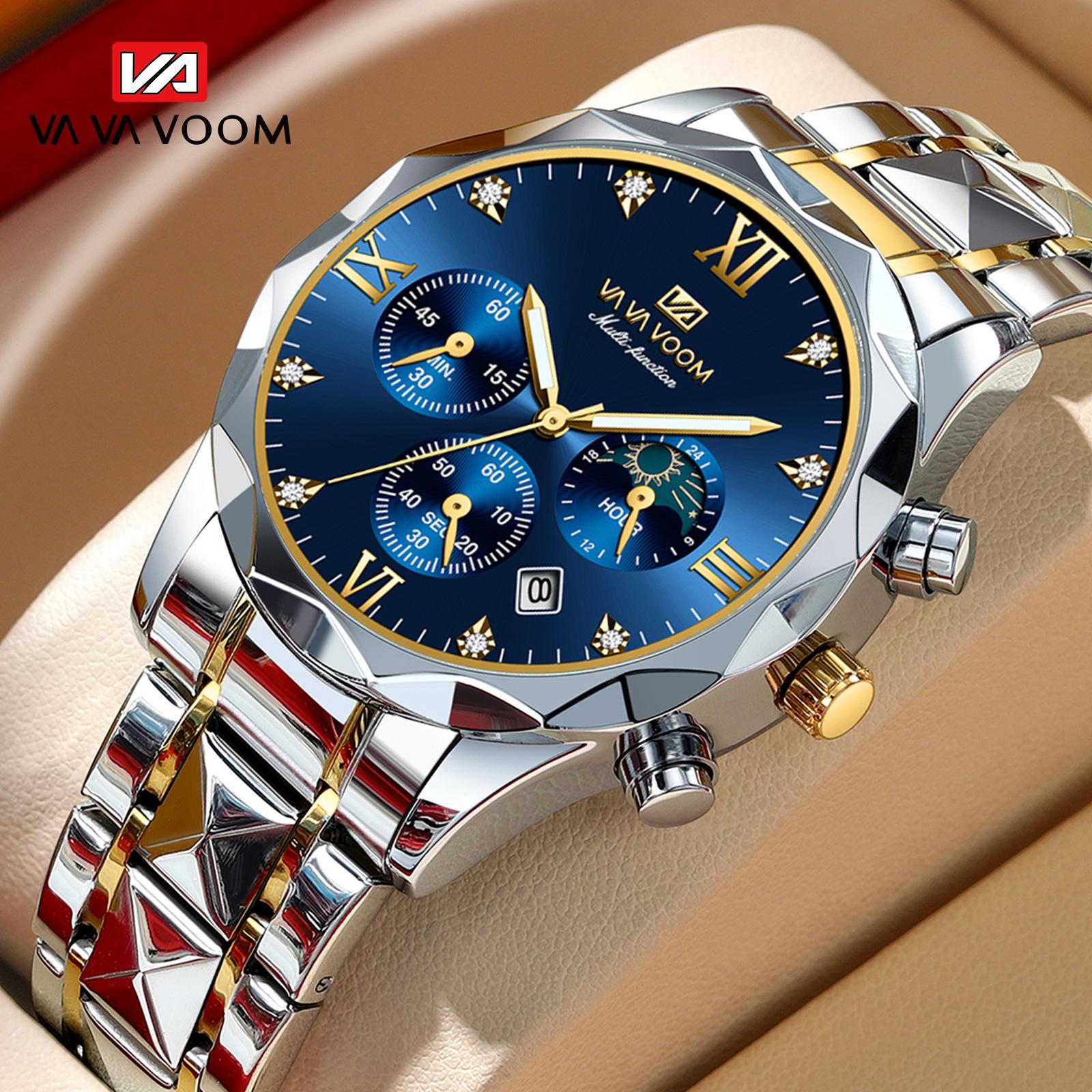 one piece dropshipping waterproof stainless steel men's steel strap watch new quartz watch calendar business blue stripes gold watch men