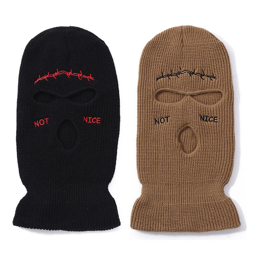 cross-border three-hole woolen cap winter embroidery mask knitted hat male letter windproof ski cap european and american style quirky woolen cap