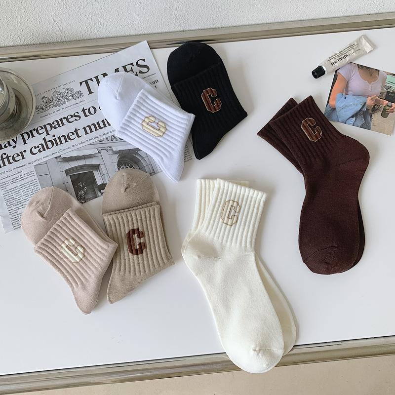 Autumn Korean Style All-Match Middle Tube Trendy Socks Japanese Ins Letter C Embroidery Letter Socks Casual Internet Celebrity Sweat Absorb Sport Socks