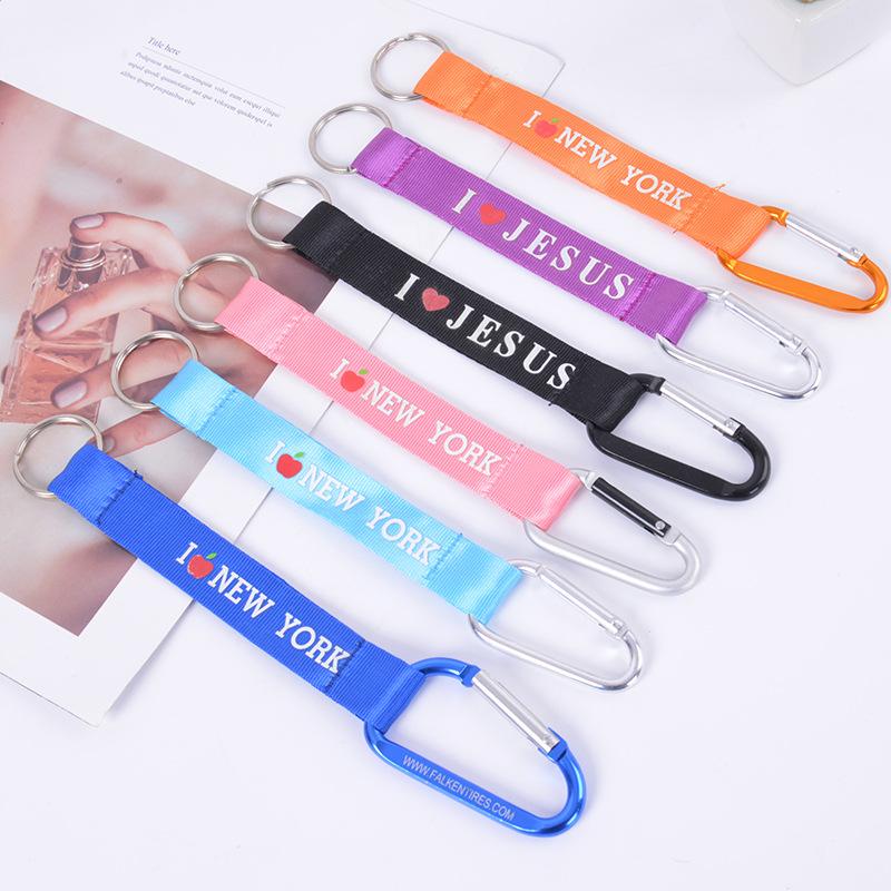Cross-Border Nylon Ribbon Silk Screen Kettle Strap Keychain Flat Climbing Button Carabiner Backpack Hanging Rope Wholesale