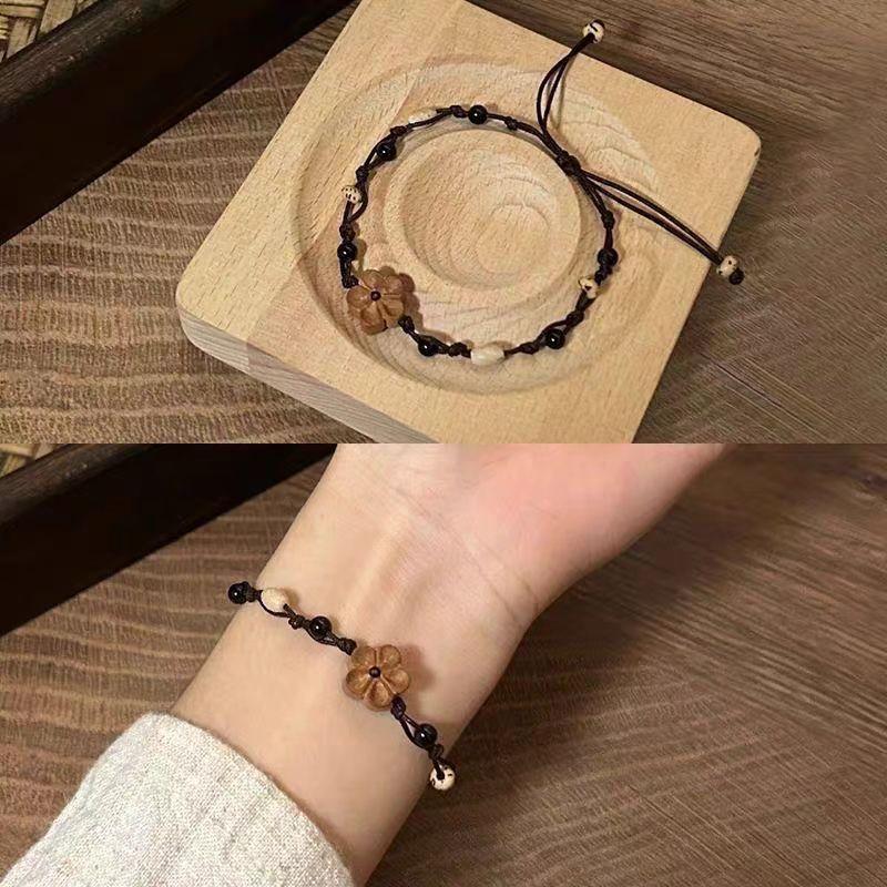 new chinese retro wood carving small peach blossom bracelet women's peach wood woven hand strap special-interest design all-matching national fashion jewelry