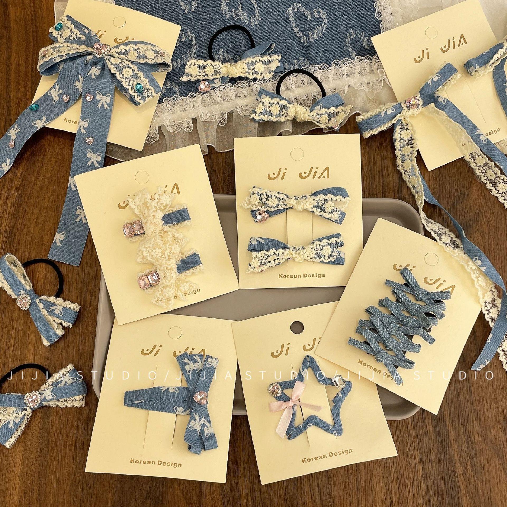 korean lace denim bow barrettes children's retro ballet style ribbon duckbill clip does not hurt hair a pair of hairclips