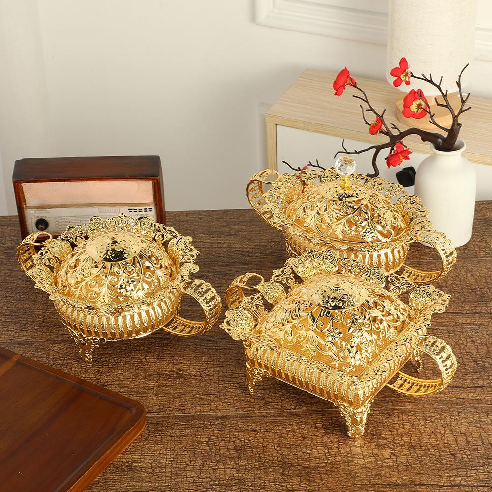 european-style hollow fruit plate with lid household light luxury golden iron dried fruit tray wedding hotel crafts ornaments
