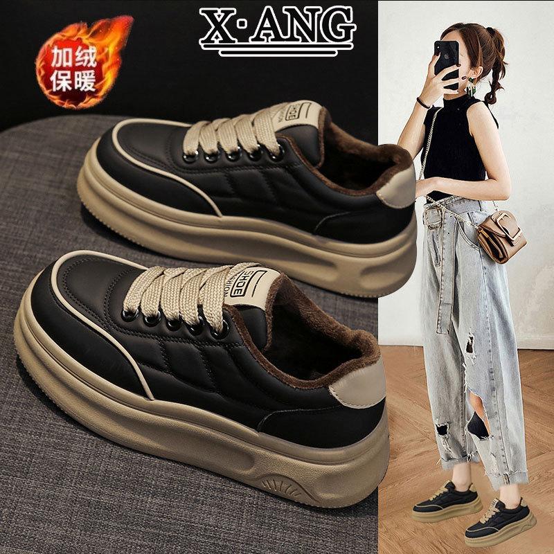 genuine leather platform white shoes women's 2024 autumn and winter new velvet warm cotton shoes casual sports skate shoes bread shoes