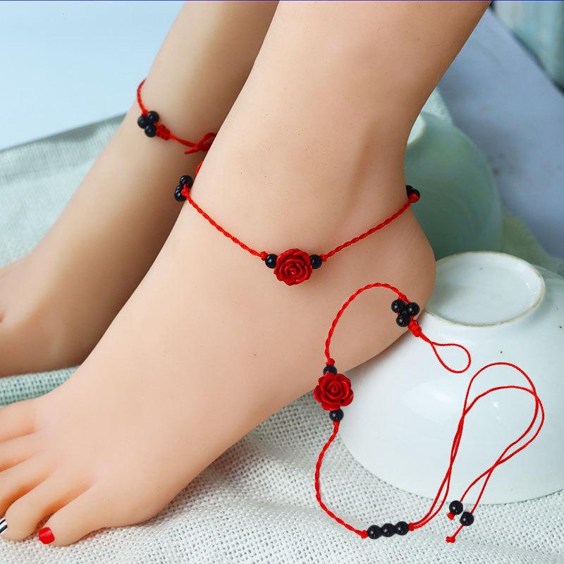 lacquer carving cinnabar rose anklet for women ethnic style female student korean simple hand-knitted red rope ankle chain ankle ring