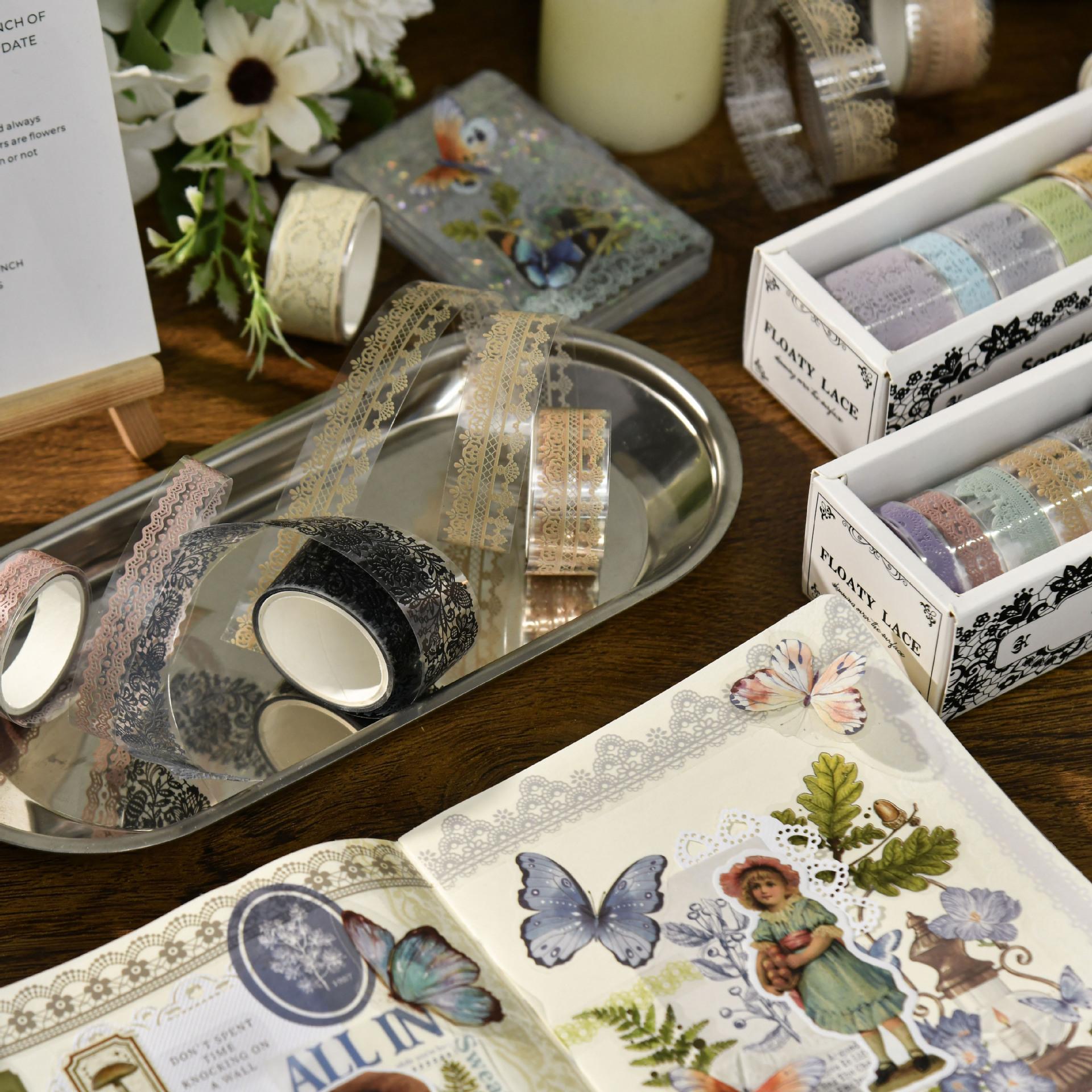 Floating Lace and Paper Adhesive Tape Set Vintage Multicolor Lace Journal Tape Vase Decoration Stickers in Stock