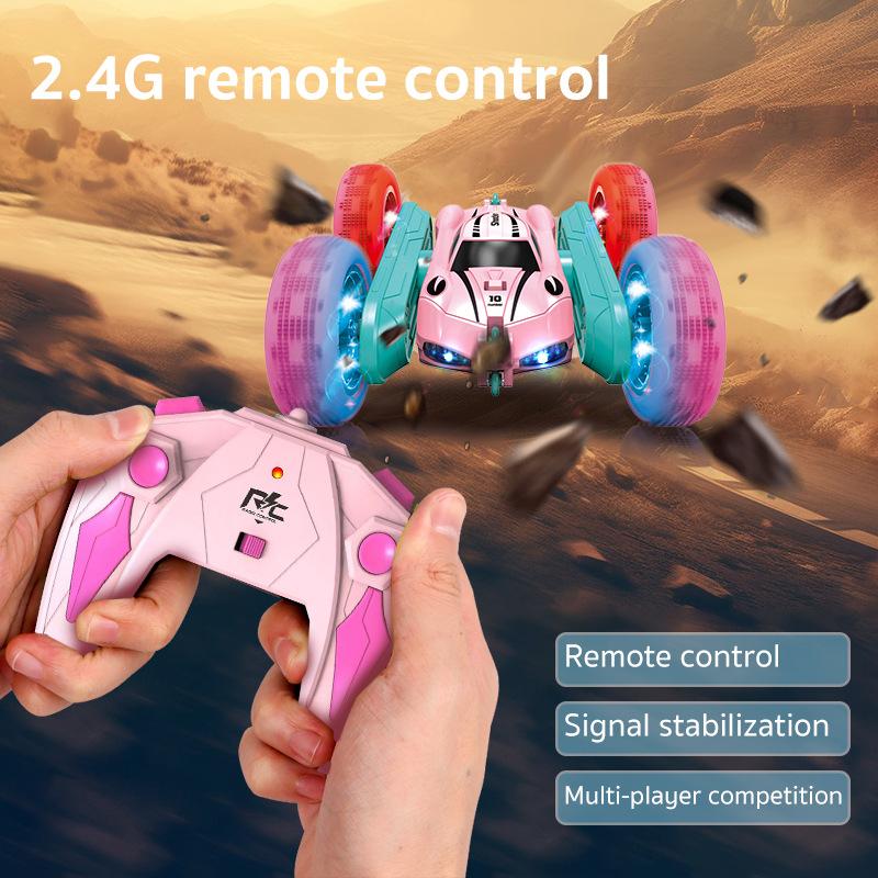 cross-border new four-wheel drive double-sided stunt car light tire swing arm rolling car boys and girls toys pink remote control car