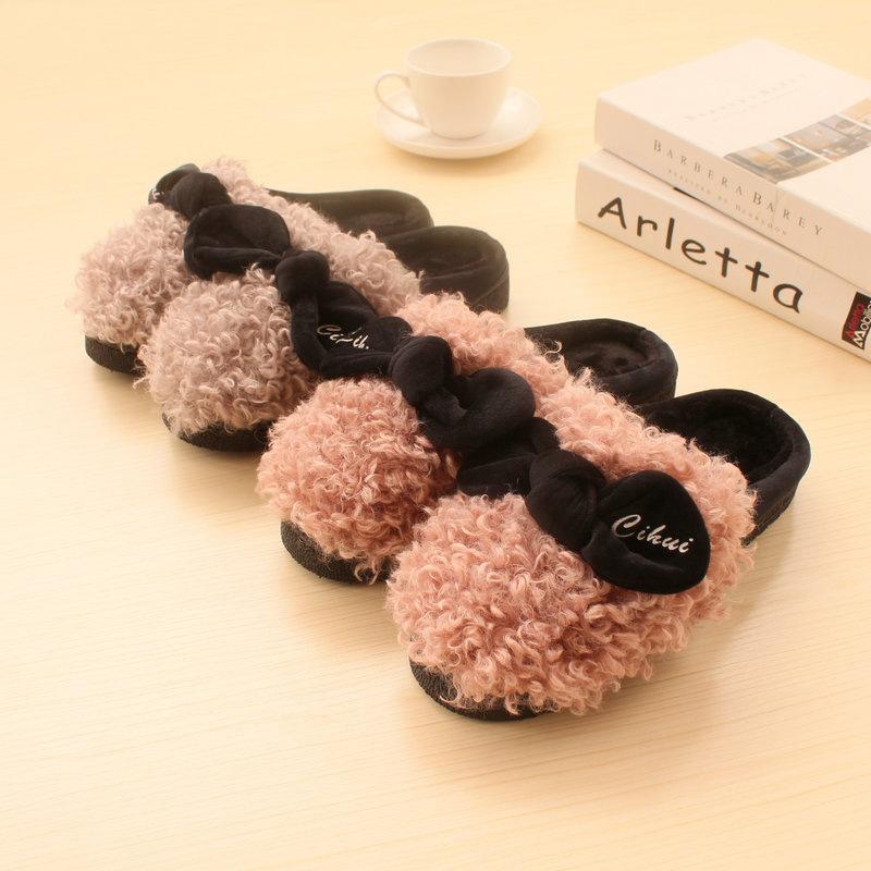 autumn and winter cotton slippers women's home warm girl bow thick bottom indoor slippers teddy curly fur shoes