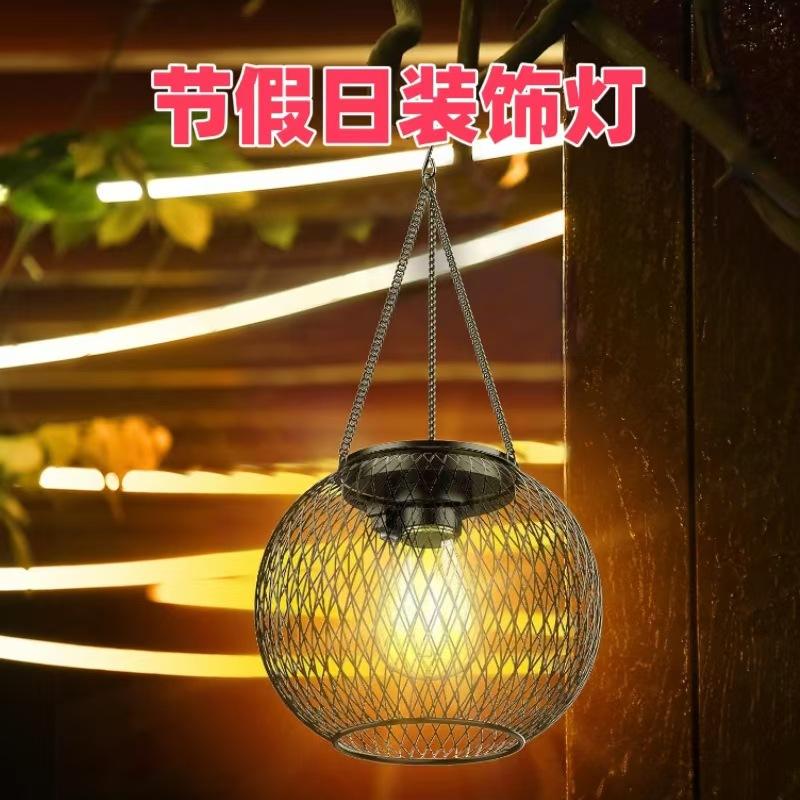 new solar iron grid lantern outdoor waterproof crystalline silicon solar panel tungsten wire bulb courtyard decorative lamp