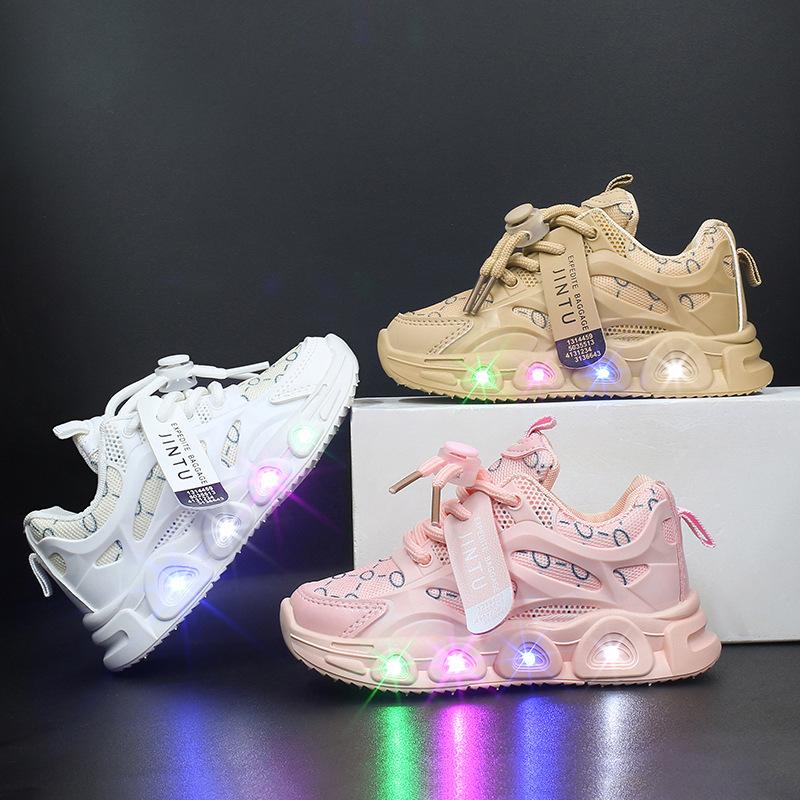 2024 spring and autumn shoes with led light ribbon cloth surface breathable 1-6 years old light shoes leisure sports children's shoes delivery supported