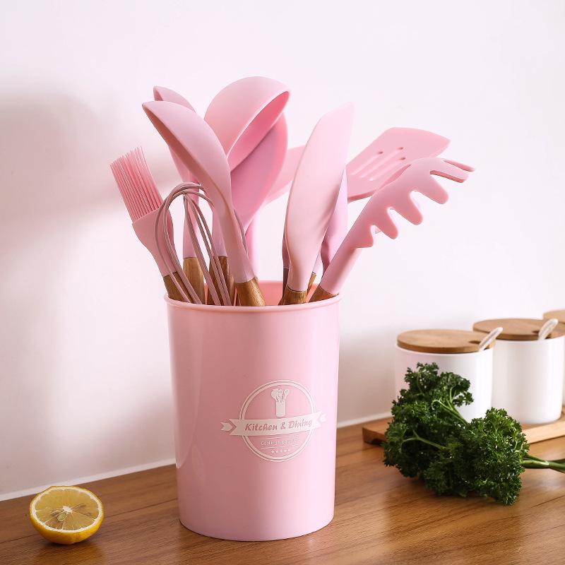 silicone wooden handle kitchenware baking tool wooden handle silicone cookware non-stick pan cooking ladel spaghetti fishing food clip