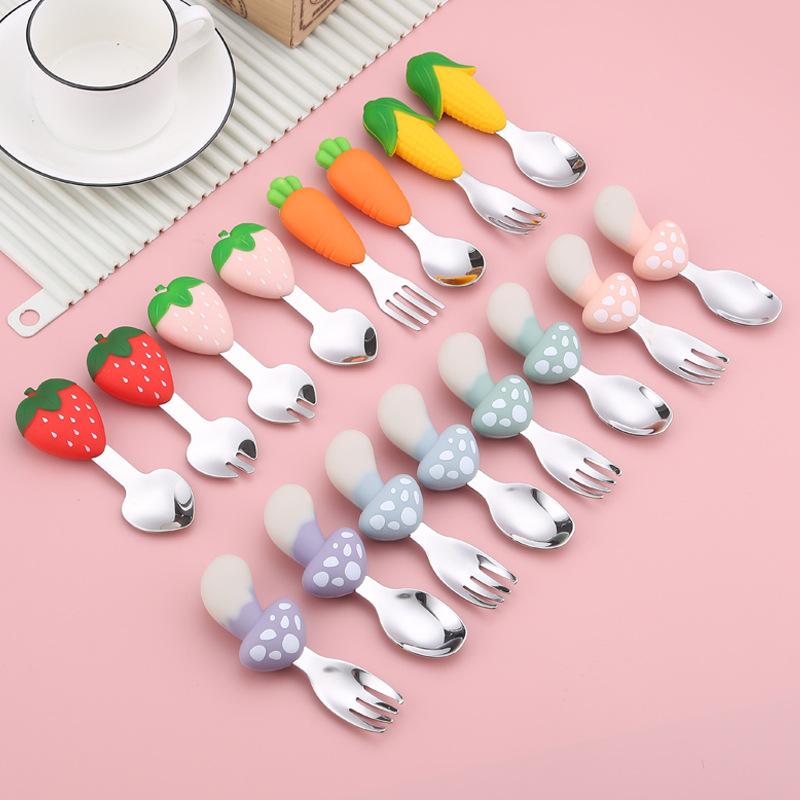 edible silicon children's fork spoon suit baby and infant 304 stainless steel feeding spoon baby food tableware