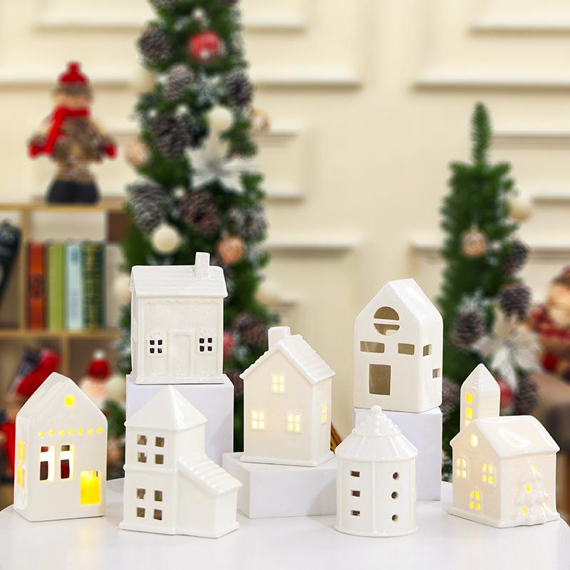 Nordic Style Ceramic House Decoration Hollow Design LED Light Atmosphere Decoration Christmas Crafts Gift Wholesale
