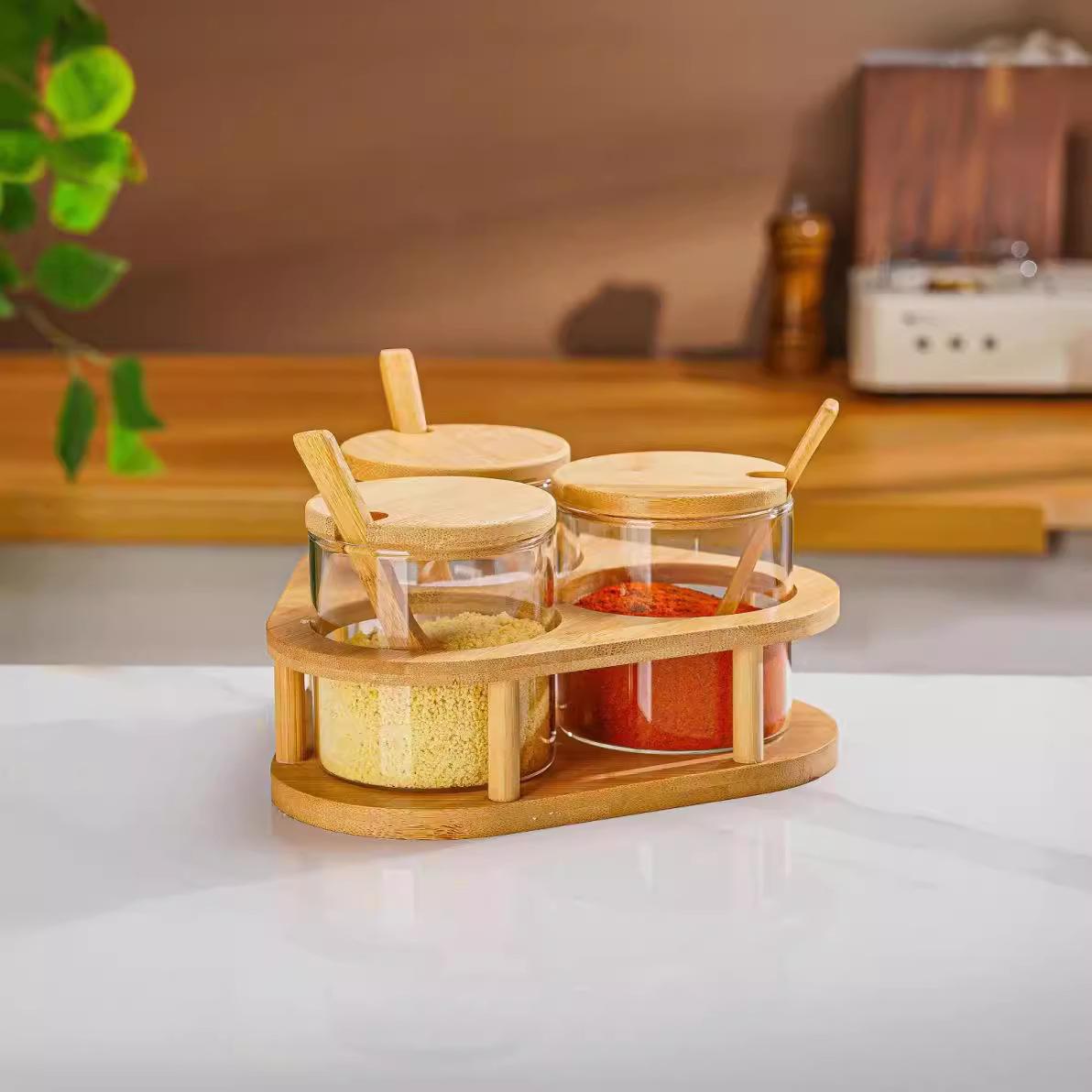 kitchen glass seasoning bottle suit transparent seasoning box oil salt jar seasoning jar with bamboo cover bamboo spoon kitchen supplies