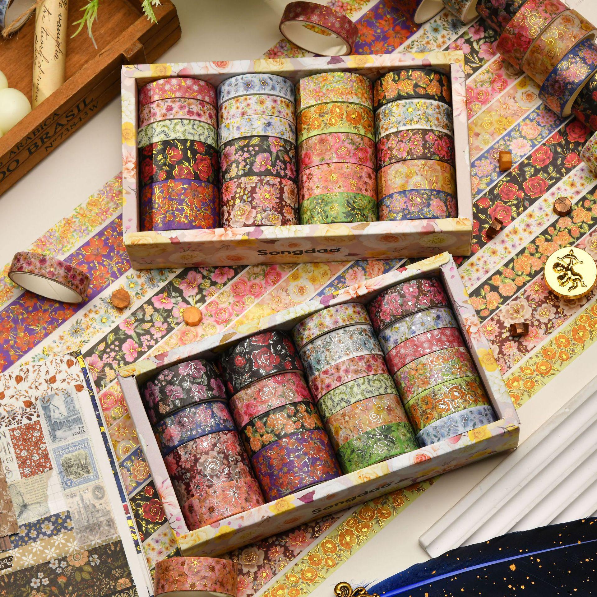 Canopy Flowers Series Bronzing and Paper Adhesive Tape Suit Collage Material Stickers Journal Tape Wholesale