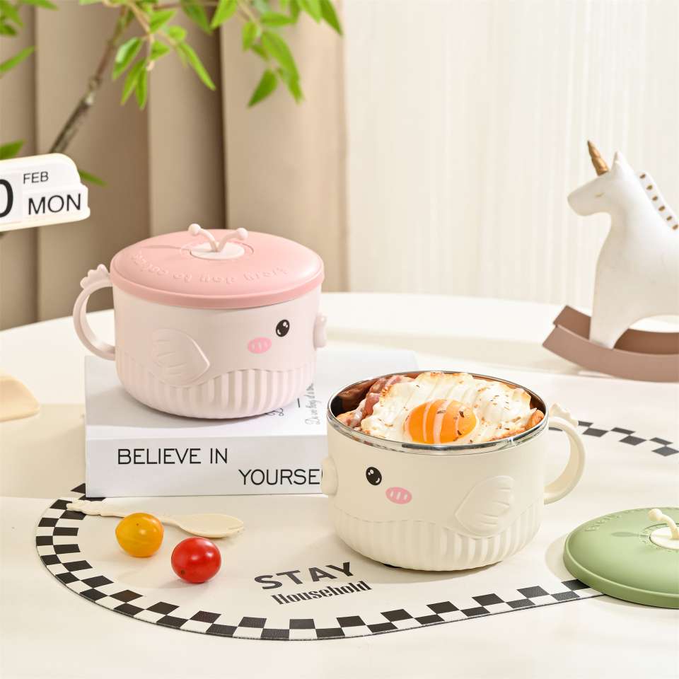 M73-9986 Children's cute cartoon 304 stainless steel bowl, soup bowl handle, baby food bowl, student soup bowl, fish lunch box details Picture