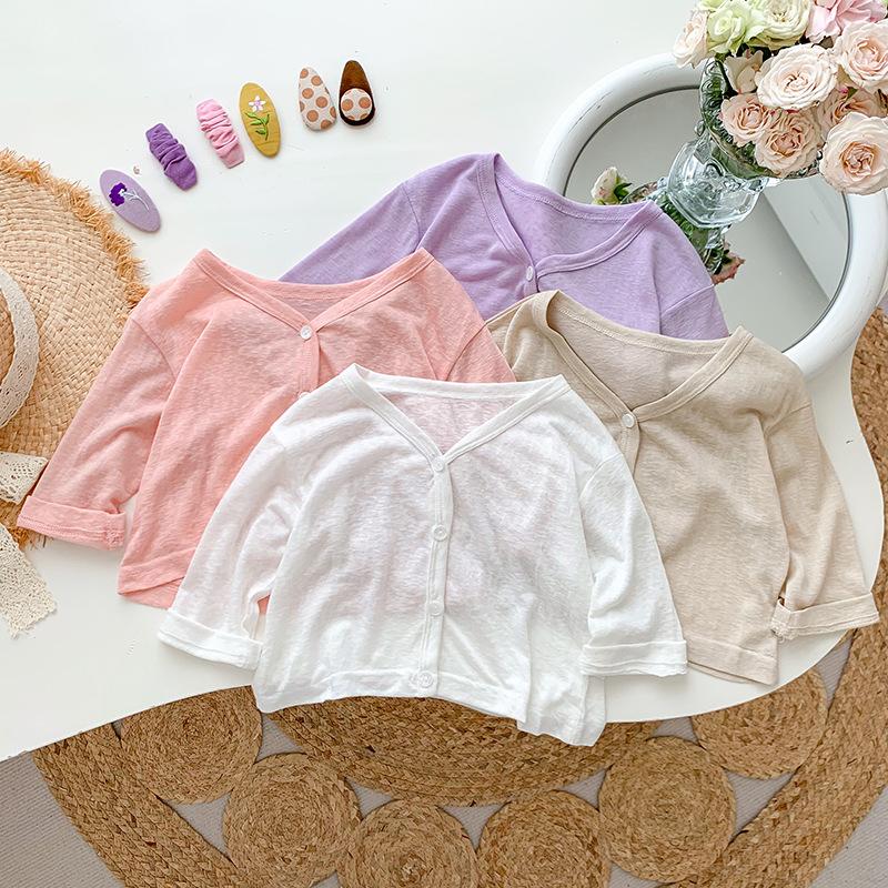 Summer 2023 Baby & Kids Clothes Sun Protection Clothing Air Conditioning Shirt Solid Color Cardigan Newborn Long Sleeve Thin Jacket