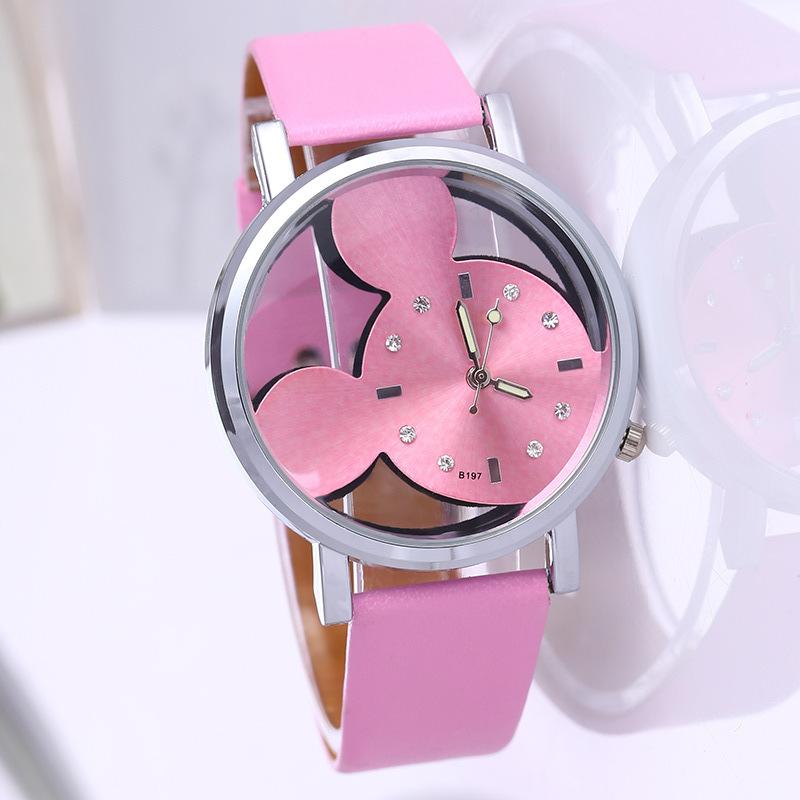 Transparent Watch Hollow Sheet Mickey Watch Women's Watch Leather-Belt Watch Girls Fashion Children's Watch Student Watch Wholesale