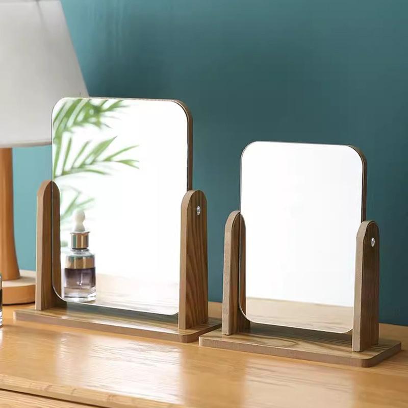 desktop wooden makeup mirror girls' dormitory desktop beauty dressing mirror simple large rotating hd beauty mirror