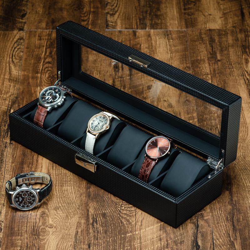carbon fiber pattern leather watch box glass louvre watch mechanical watch bracelet jewelry with lock storage display box