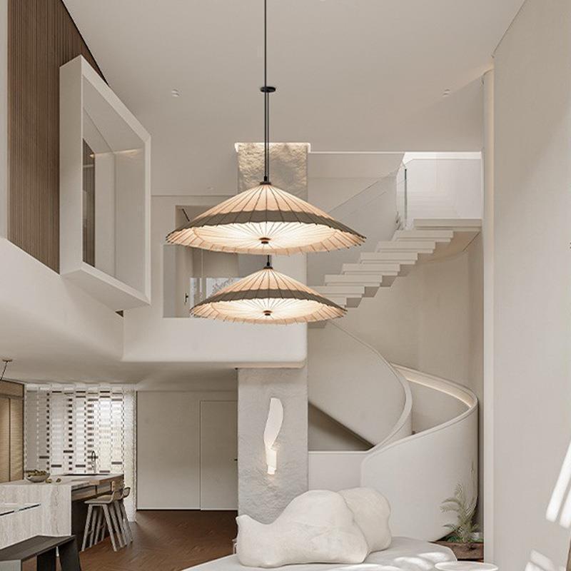 Nordic Style Bamboo Artwork Chandelier Duplex Building Villa Staircase Decorative Lamp Hotel Simple Handmade Paper Umbrella Lamp