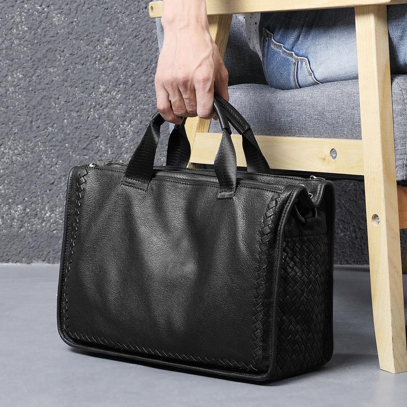 men's real-leather bag business shoulder men's bag laptop bag sheepskin briefcase knitted messenger bag men's leather bag