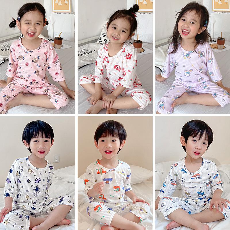 Children's Summer Boneless Pajamas Set Cotton Cropped Sleeves Air Conditioning Clothes Boys and Girls Small and Older Kids Thin Breathable Home Clothing