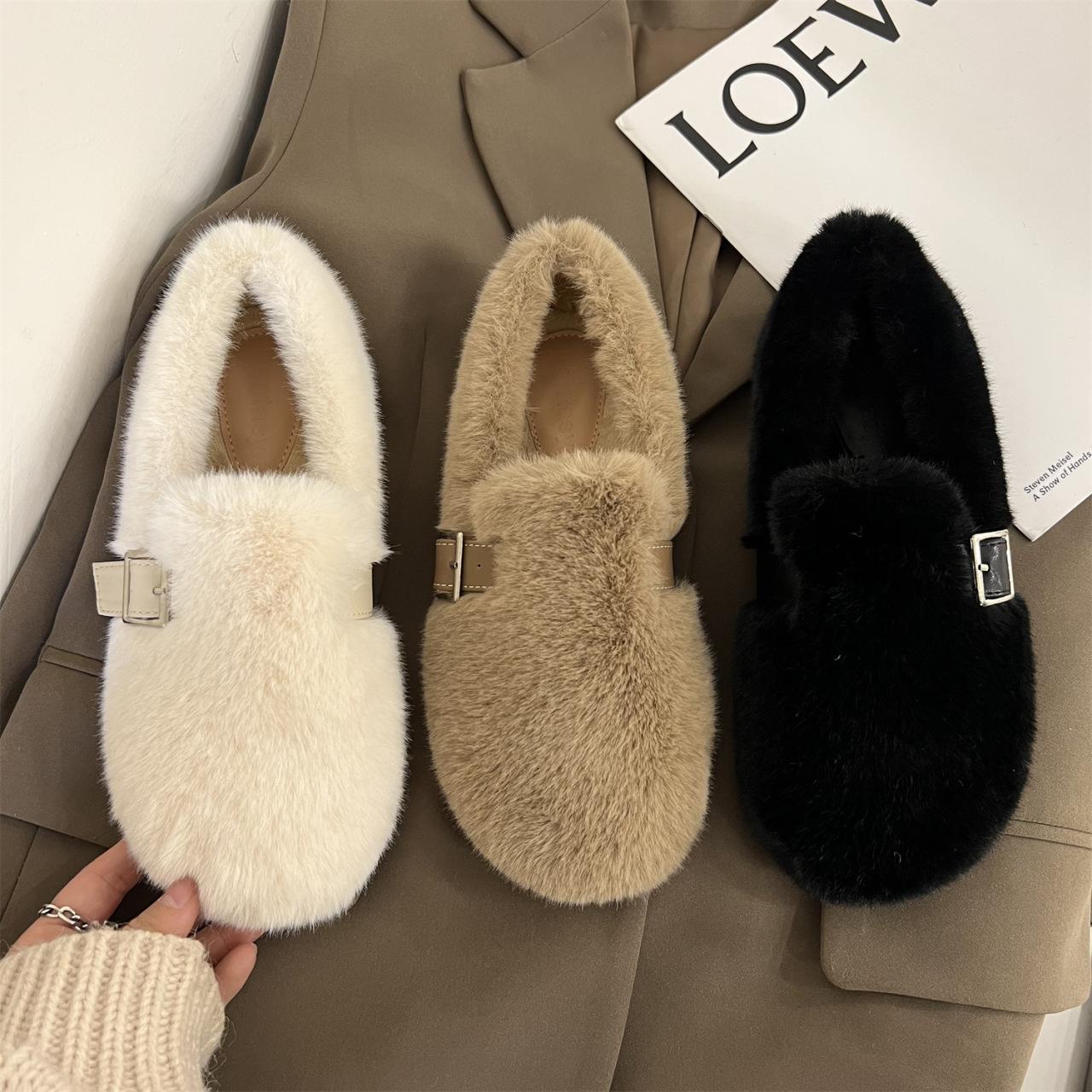 fluffy shoes women's winter wear 2023 new korean style gommino flat bottom fleece-lined warm fairy style cotton-padded shoes for women