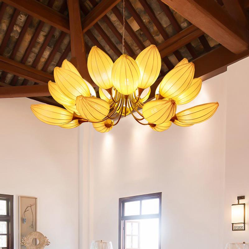 New Chinese Style Fabric Lamp Living Room and Tea Room Dining Room Hotel Bedroom Main Lamp Temple Buddhist Hall Hall Lotus Lamp Chandelier