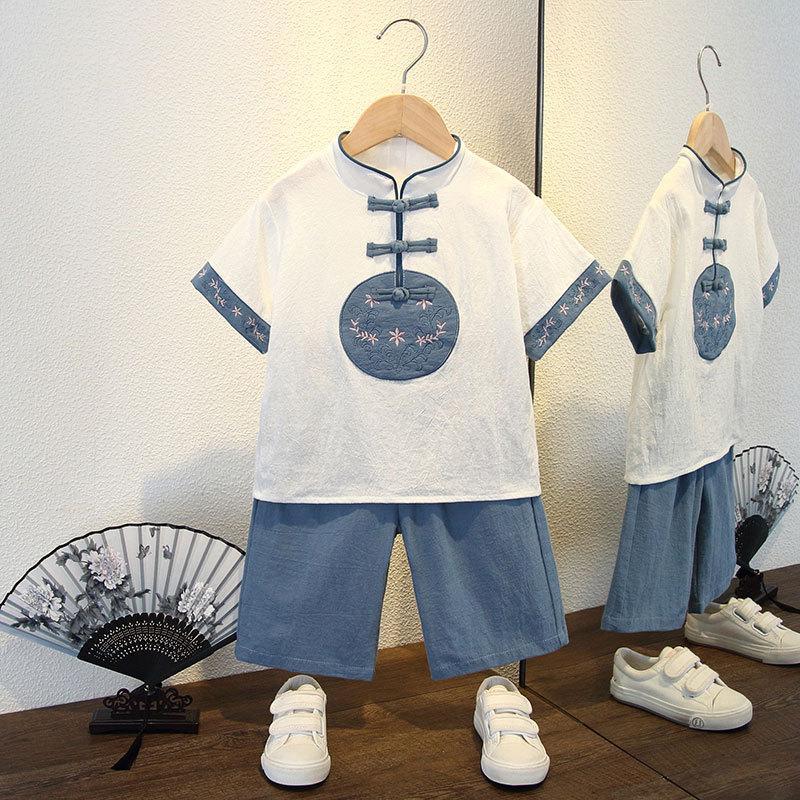 traditional chinese garments for boys summer short sleeve suit chinese style suit children's han chinese costume handsome cotton and linen thin kids clothes two-piece suit