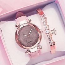 foreign trade popular style silver pink rhinestone face women's watch frosted leather watch strap women's casual trend two-piece set wrist watch