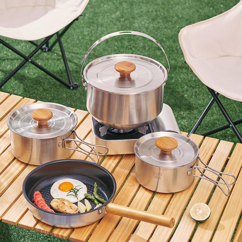 outdoor kitchenware 304 cookware pot set portable suit water-boiling stove cookware foldable stainless steel pot cooking pot