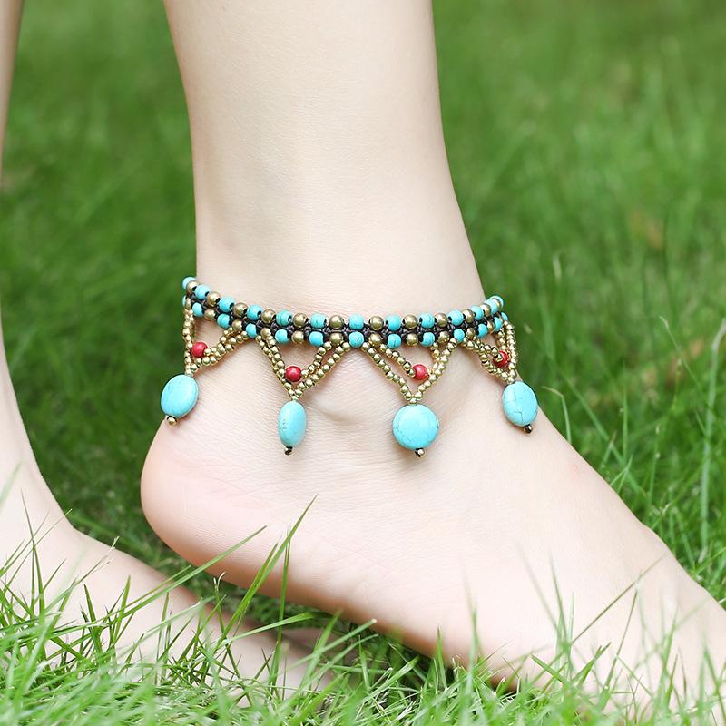 european and american bohemian cross-border turquoise round cake beach anklet hand-woven beads accessories ladies foot ornaments